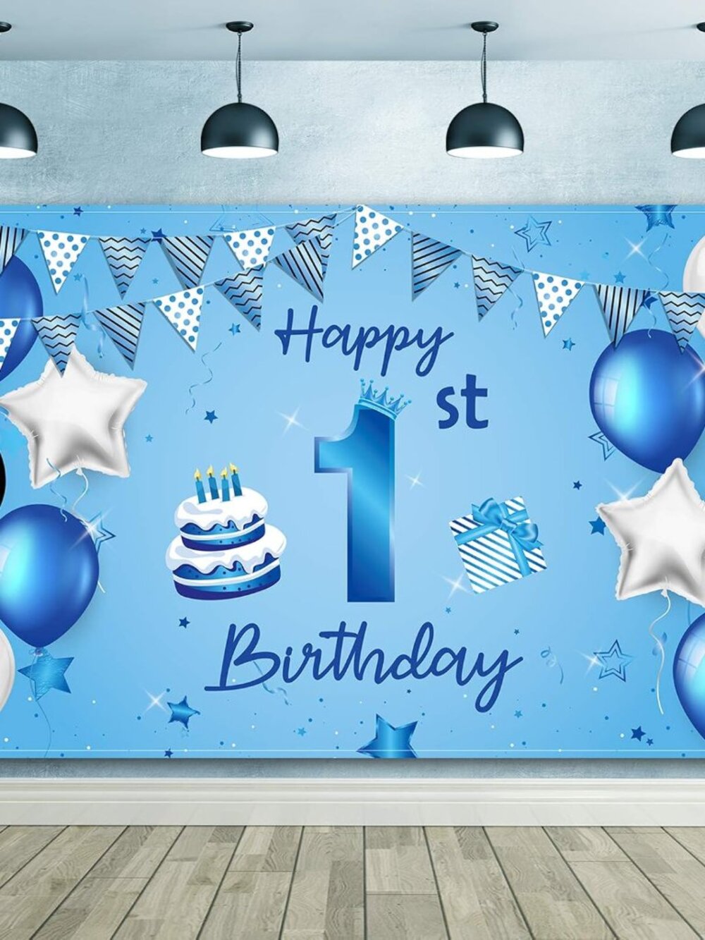 Happy 1st Birthday Backdrop Banner Blue Newborn Birthday Background